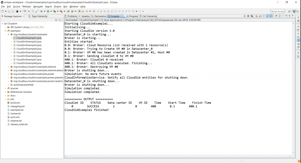 CloudsimExample1.java console output